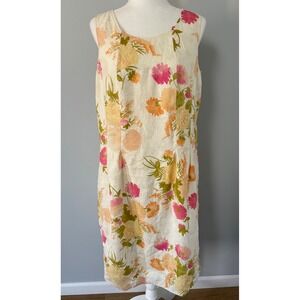 J Jill Women's Linen Floral Sleeveless Lined Midi Dress Size 14 Back Zip Closure